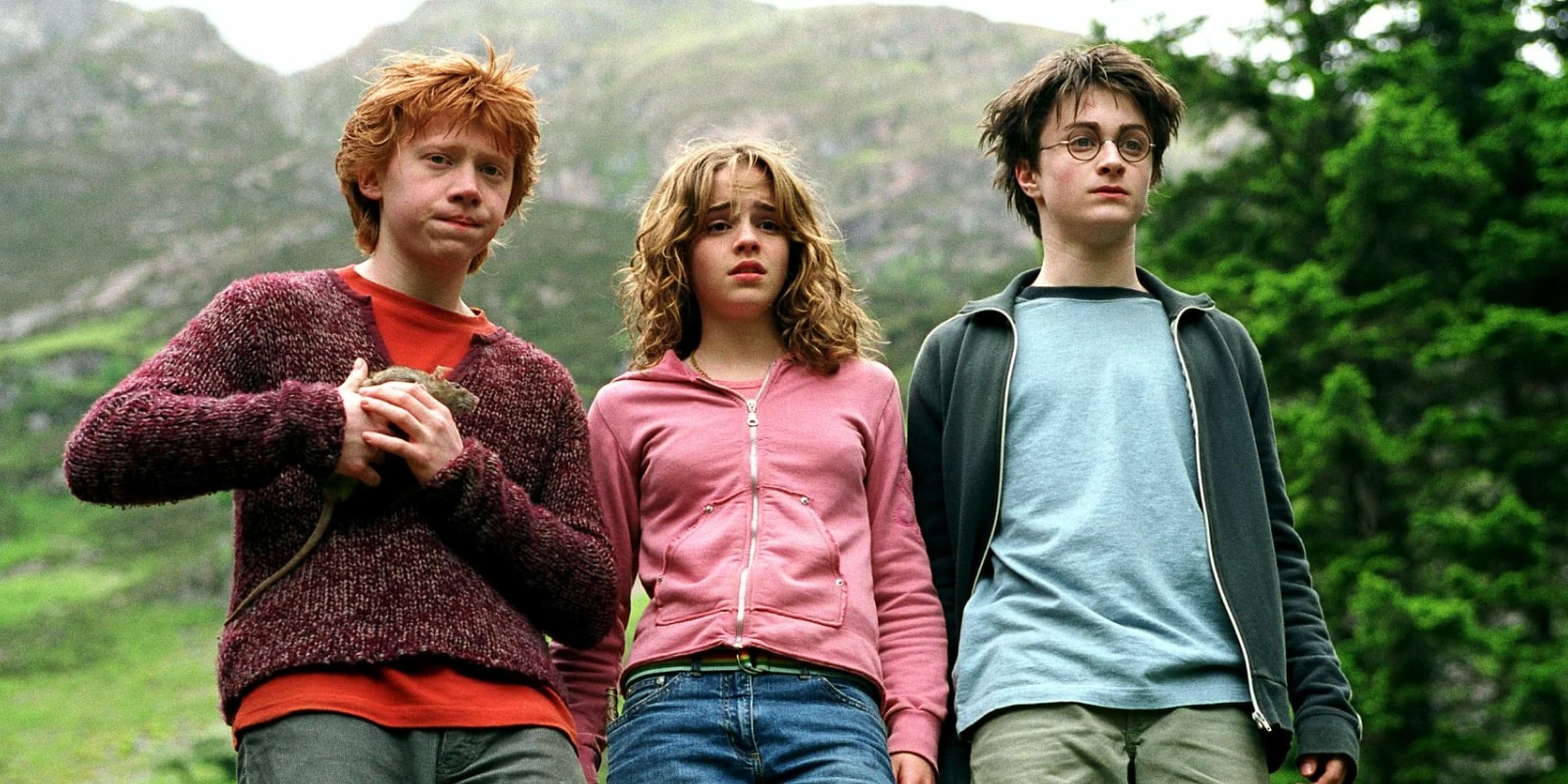 Руперт Гринт, Эмма Уотсон и Дэниэл Рэдклифф на съемках "Гарри Поттер и узник Азкабана"